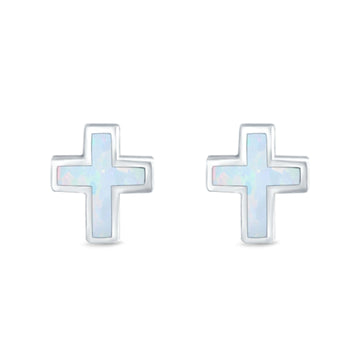 Cross Stud Earrings Lab Created White Opal 925 Sterling Silver